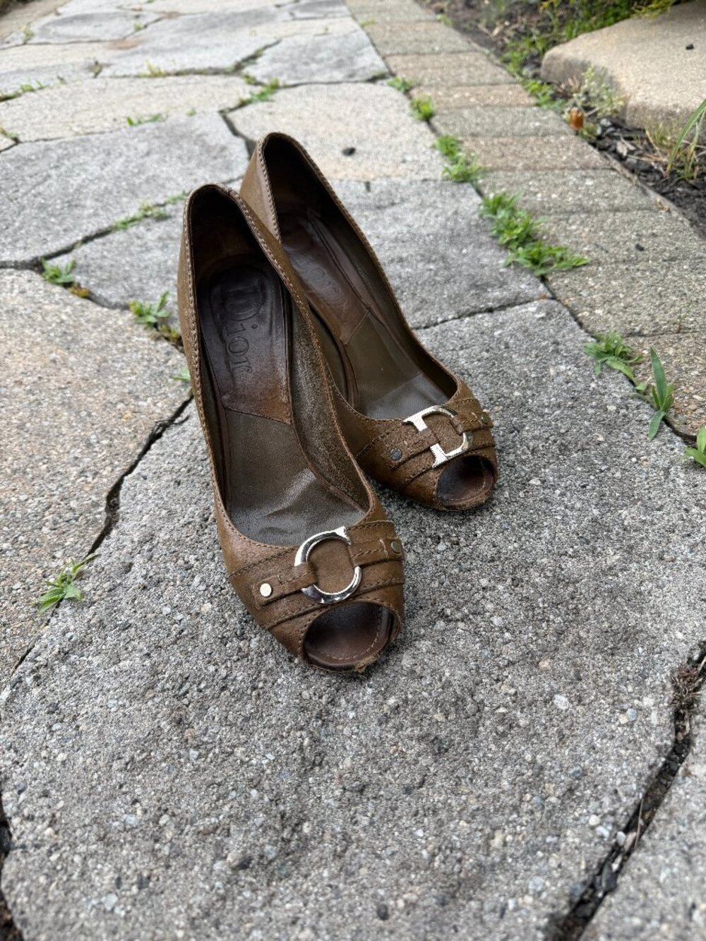 Christian Dior Brown Leather Peep Toe Heels Size 40 Vintage Designer Pumps
